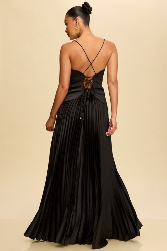 PLEATED MAXI LACE BACK DRESS