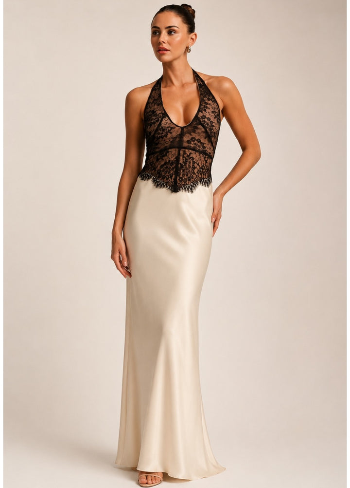 MIDNIGHT LACE SATIN GOWN