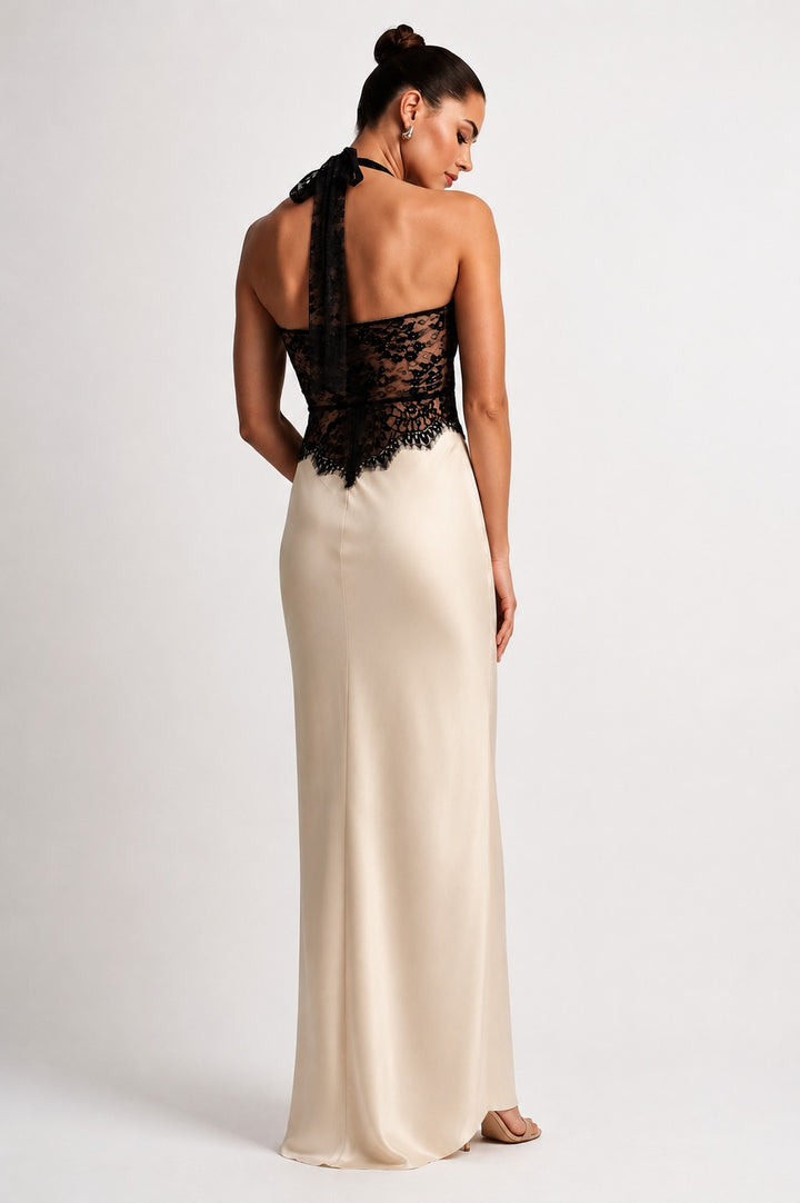 MIDNIGHT LACE SATIN GOWN